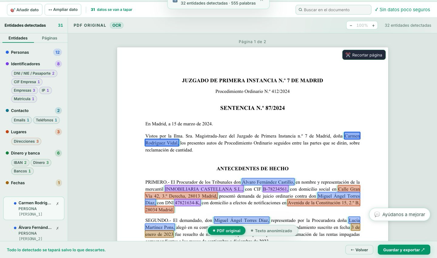 Revisión sobre el PDF con los datos marcados por familias